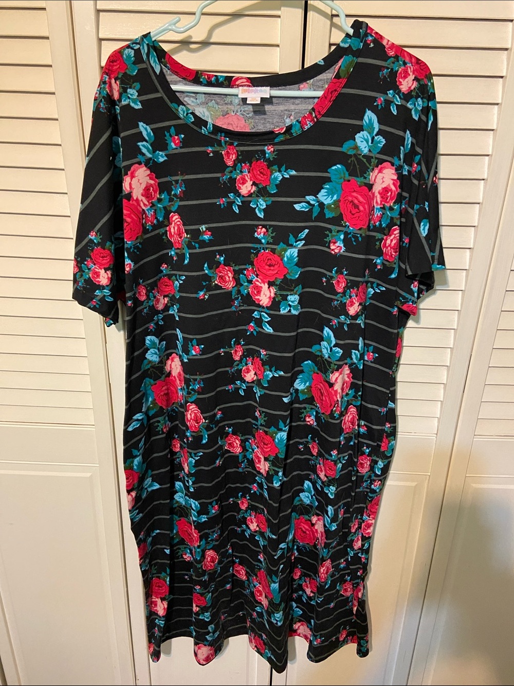 LuLaRoe Black Midi Dress with Pink Roses and Teal Leaves